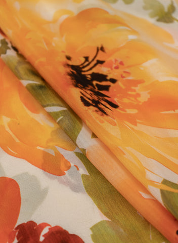 (Pre Cut-1 Meter)  Pure Crepe Multi Color Floral Pattern Hybrid Print Fabric.