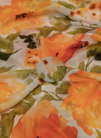 (Pre Cut-1 Meter)  Pure Crepe Multi Color Floral Pattern Hybrid Print Fabric.
