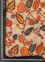 Pure Crepe Pastel Peach Color Kalamkari Pattern Hybrid Print Fabric.