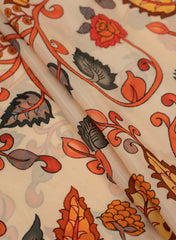 Pure Crepe Pastel Peach Color Kalamkari Pattern Hybrid Print Fabric.