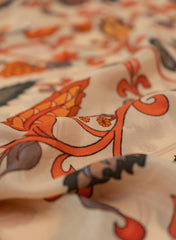 Pure Crepe Pastel Peach Color Kalamkari Pattern Hybrid Print Fabric.