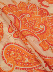 Pure Crepe Pastel Peach With Orange Color Paisley Pattern Hybrid Print Fabric.