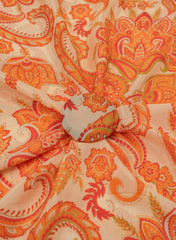 Pure Crepe Pastel Peach With Orange Color Paisley Pattern Hybrid Print Fabric.