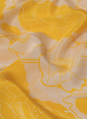 Pure Crepe Off-White And Yellow Color Floral Pattern Hybrid Print Fabric.