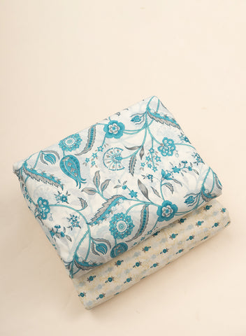 (Pre Cut- 1 Meter) Pure Cotton Cambric Off-White And Blue Color Block Print Fabric.