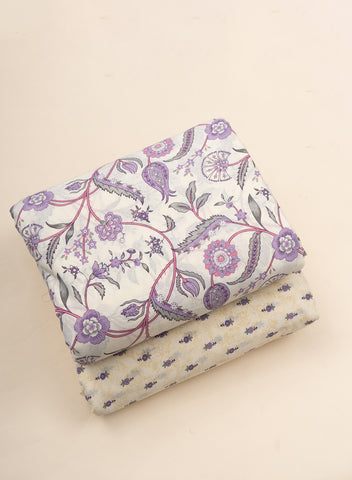 (Pre Cut- 2 Meter) Pure Cotton Cambric Off-White And Purple Color Block Print Fabric.