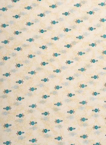 (Pre Cut- 1 Meter) Pure Cotton Cambric Off-White And Blue Color Block Print Fabric.