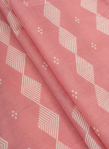 (Pre Cut -1 Meter) Cotton Mulmul Light Pink Color Geometrical Pattern Natural Print Fabric.
