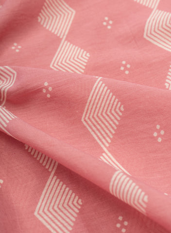(Pre Cut -1 Meter) Cotton Mulmul Light Pink Color Geometrical Pattern Natural Print Fabric.