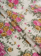 Pure Cotton Cambric Off-White Color Pink Floral Pattern Katha Work Fabric.