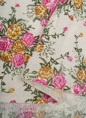 Pure Cotton Cambric Off-White Color Pink Floral Pattern Katha Work Fabric.