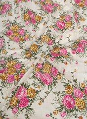 Pure Cotton Cambric Off-White Color Pink Floral Pattern Katha Work Fabric.