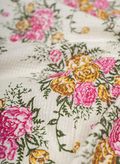 Pure Cotton Cambric Off-White Color Pink Floral Pattern Katha Work Fabric.