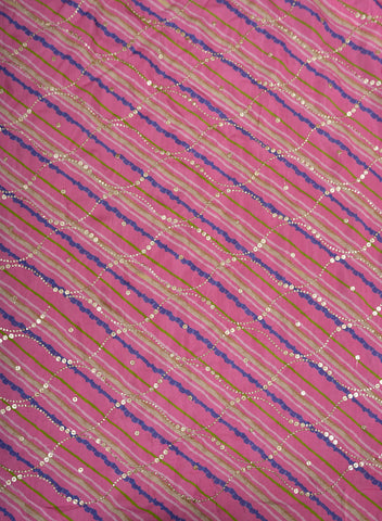 (Precut - 1 Meter) Pure Muslin Flamingo Pink Color Lehriya Pattern Mukesh Embroidery Fabric.