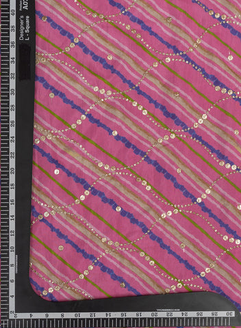 (Precut - 1 Meter) Pure Muslin Flamingo Pink Color Lehriya Pattern Mukesh Embroidery Fabric.
