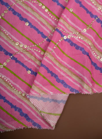 (Precut - 1 Meter) Pure Muslin Flamingo Pink Color Lehriya Pattern Mukesh Embroidery Fabric.