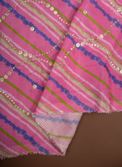 Pure Muslin Flamingo Pink Color Lehriya Pattern Zari Embroidery Fabric.