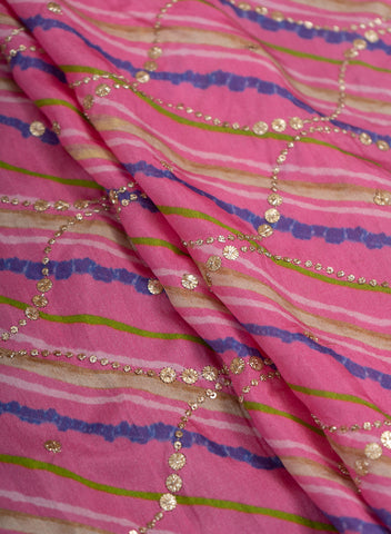 (Precut - 1 Meter) Pure Muslin Flamingo Pink Color Lehriya Pattern Mukesh Embroidery Fabric.