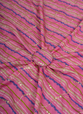 (Precut - 1 Meter) Pure Muslin Flamingo Pink Color Lehriya Pattern Mukesh Embroidery Fabric.