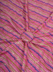 Pure Muslin Flamingo Pink Color Lehriya Pattern Zari Embroidery Fabric.