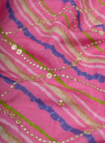 (Precut - 1 Meter) Pure Muslin Flamingo Pink Color Lehriya Pattern Mukesh Embroidery Fabric.