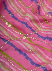 Pure Muslin Flamingo Pink Color Lehriya Pattern Zari Embroidery Fabric.