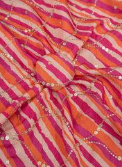 Pure Muslin Multi Color Lehriya Pattern Zari Embroidery Fabric.