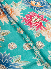 Pure Muslin Sky Blue Color Floral Screen Print Fabric With Foil .