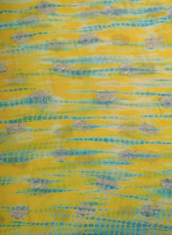 (Pre Cut - 1 Meter) Pure Georgette Yellow And Sky Blue Color Tie And Dye Zari Embroidery Fabric.