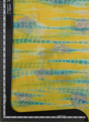 (Pre Cut - 1 Meter) Pure Georgette Yellow And Sky Blue Color Tie And Dye Zari Embroidery Fabric.