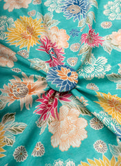 Pure Muslin Sky Blue Color Floral Screen Print Fabric With Foil .