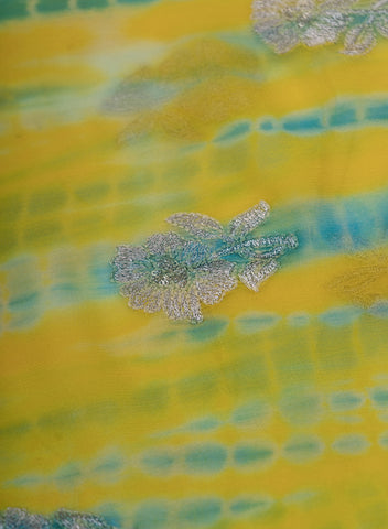 (Pre Cut - 1 Meter) Pure Georgette Yellow And Sky Blue Color Tie And Dye Zari Embroidery Fabric.