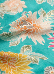 Pure Muslin Sky Blue Color Floral Screen Print Fabric With Foil .