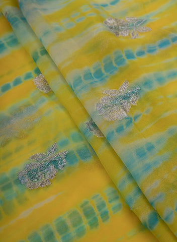 (Pre Cut - 1 Meter) Pure Georgette Yellow And Sky Blue Color Tie And Dye Zari Embroidery Fabric.