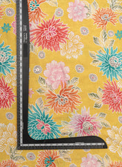 Pure Muslin Yellow Color Floral Screen Print Fabric With Foil .