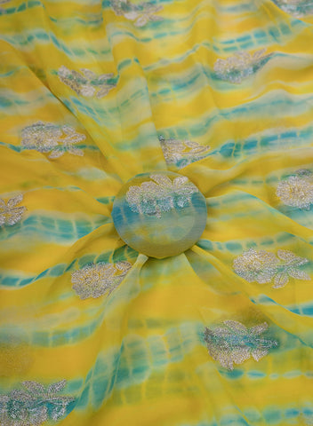 (Pre Cut - 1 Meter) Pure Georgette Yellow And Sky Blue Color Tie And Dye Zari Embroidery Fabric.