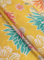 Pure Muslin Yellow Color Floral Screen Print Fabric With Foil .
