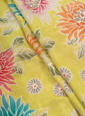 Pure Muslin Neo Green Color Floral Screen Print Fabric With Foil .