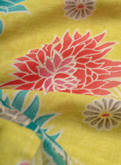 Pure Muslin Neo Green Color Floral Screen Print Fabric With Foil .