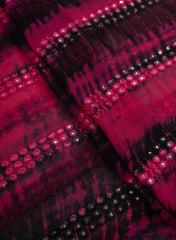 Pure Georgette Magenta And Black Color Tie And Dye Mirror Work Embroidery Fabric.