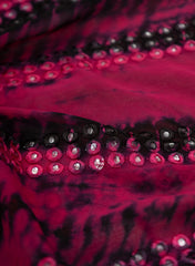 Pure Georgette Magenta And Black Color Tie And Dye Mirror Work Embroidery Fabric.