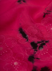 Pure Muslin Magenta Color Floral Butta Tie and Dye Embroidery Fabric.