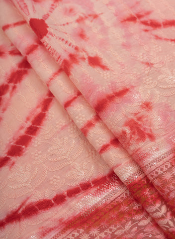 (Per Cut-1 Meter) Pure Cotton Cambric Shades Of Red Color Tie And Dye Embroidery Fabric.