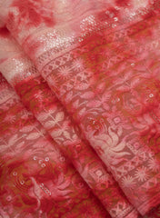 Pure Cotton Cambric Shades Of Red Color Tie And Dye Embroidery Fabric.