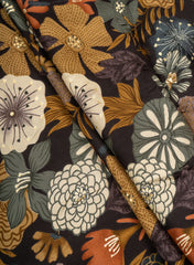 Pure Rayon Black Color Floral Pattern Screen Print Fabric With Foil Big Panna.