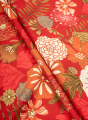 Pure Rayon Red Color Floral Pattern Screen Print Fabric With Foil Big Panna.