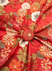 Pure Rayon Red Color Floral Pattern Screen Print Fabric With Foil Big Panna.