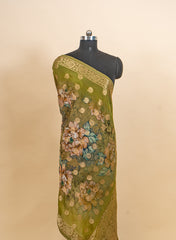 Pure Tissue Jacqurad Olive Green Color Floral Digital Print Dupatta