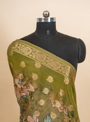 Pure Tissue Jacqurad Olive Green Color Floral Digital Print Dupatta