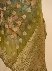 Pure Tissue Jacqurad Olive Green Color Floral Digital Print Dupatta